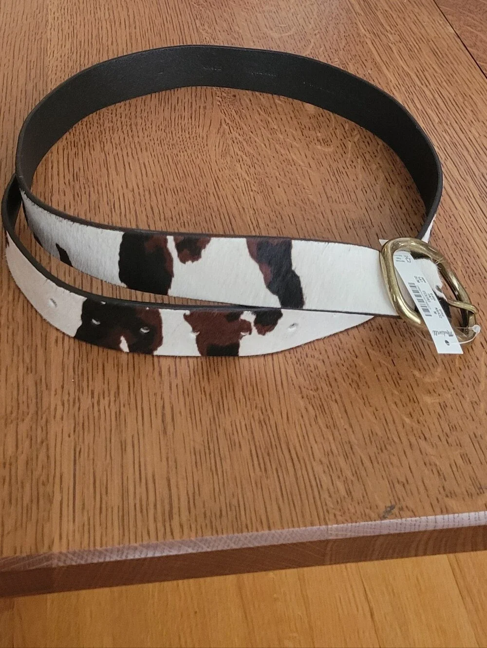 Madewell Oval Buckle Belt - Calfhair Cow Print - white, black, brown